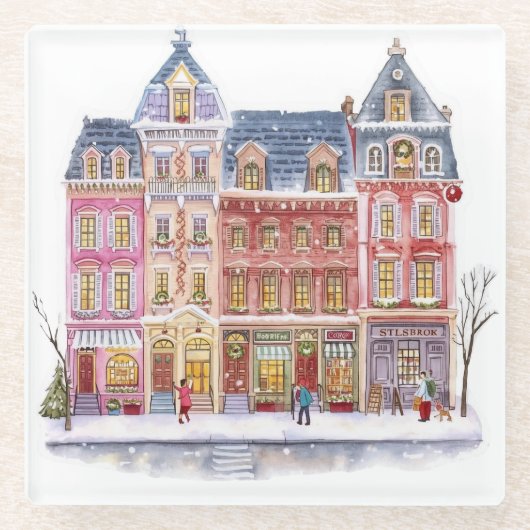 Watercolor Winterdorp Kerststad Glazen Onderzetter (Voorkant)