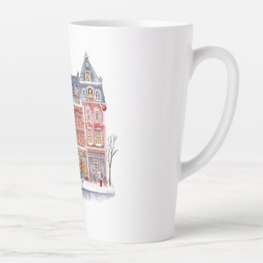 Watercolor Winterdorp Kerststad Latte Mok (Rechts)