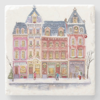 Watercolor Winterdorp Kerststad Stenen Onderzetter