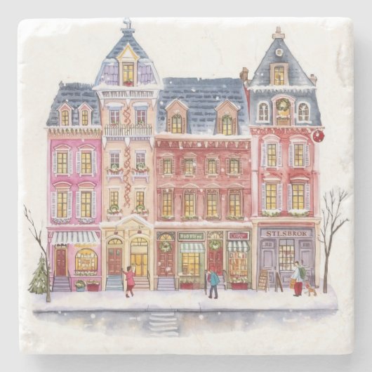 Watercolor Winterdorp Kerststad Stenen Onderzetter (Voorkant)