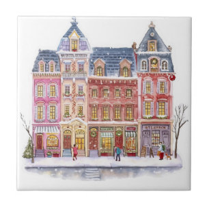 Watercolor Winterdorp Kerststad Tegeltje