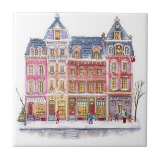 Watercolor Winterdorp Kerststad Tegeltje