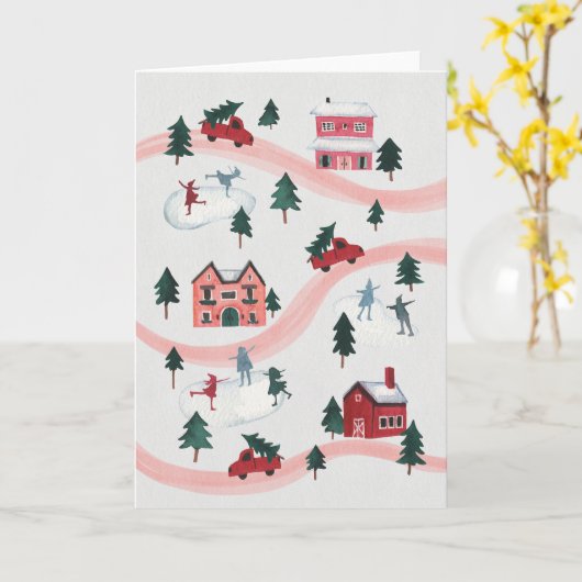 Watercolor Winterdorp Scène Kerstkaart Kaart (Gele Bloem)