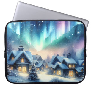 Watercolor Winterdorp Sneeuw Kerstmis Laptop Sleeve