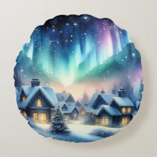 Watercolor Winterdorp Sneeuwige Kerstmis Rond Kussen