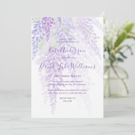 Watercolor Wisteria Bloesems Romantisch Huwelijk Kaart (Staand voorkant)