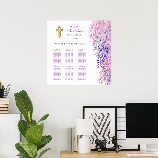Watercolor Wisteria First Communion Seating Chart Poster (Thuiskantoor)