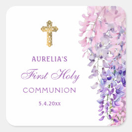 Watercolor Wisteria First Communion Vierkante Sticker
