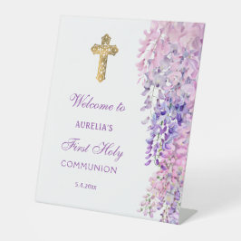 Watercolor Wisteria First Communion Welcome Reclamebord Met Voetstuk