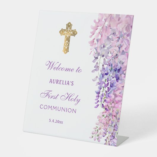 Watercolor Wisteria First Communion Welcome Reclamebord Met Voetstuk (Voorkant)