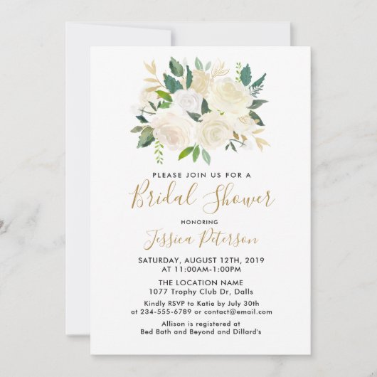 Watercolor Witte Bloemen Bruidsdouche Uitnodiginge Kaart (Voorkant)