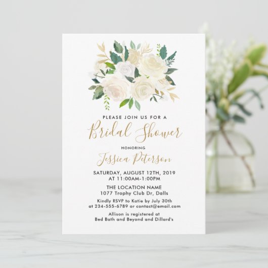 Watercolor Witte Bloemen Bruidsdouche Uitnodiginge Kaart (Staand voorkant)