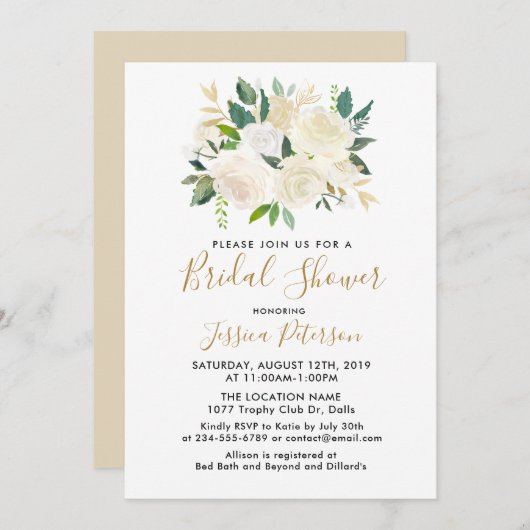 Watercolor Witte Bloemen BruidsShower Uitnodiginge Kaart (Voorkant / Achterkant)