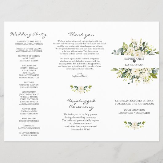 Watercolor Witte Bloemen Tri+Fold Trouwprogramma Flyer (Voorkant)