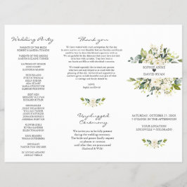 Watercolor Witte Bloemen Tri+Vouw Huwelijksprogram Flyer