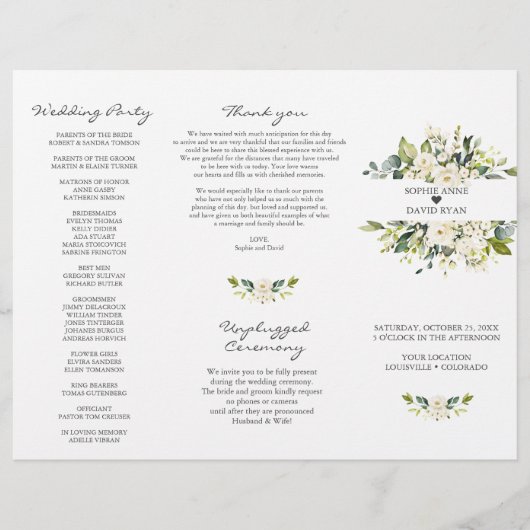 Watercolor Witte Bloemen Tri+Vouw Huwelijksprogram Flyer (Voorkant)