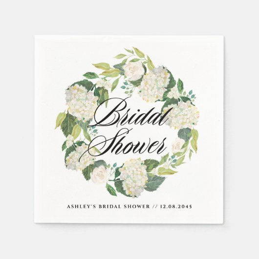 Watercolor Witte Hortensia Krans Bruidsdouche Servet (Voorkant)