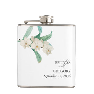 Watercolor Witte Orchideeën Bloemige Bruiloft Heupfles