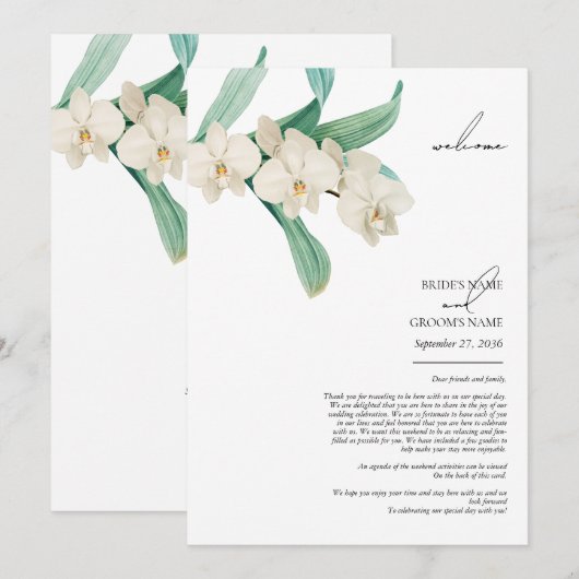 Watercolor Witte Orchideeën Bloemige Trouw Itinera Programmakaart (Voorkant / Achterkant)