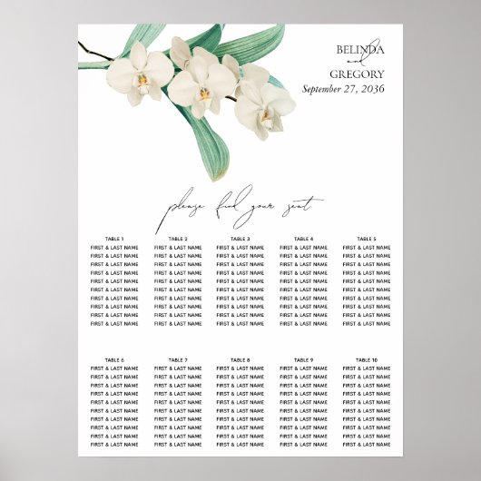Watercolor Witte Orchideeën Trouw Zittijd Chart Poster (Voorkant)