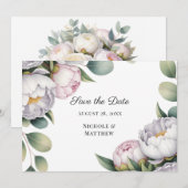 Watercolor Witte Pioen Huwelijk Save The Date (Voorkant / Achterkant)
