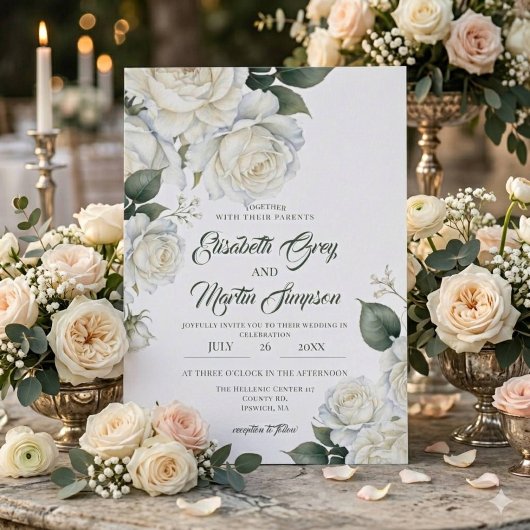 Watercolor Witte Rozen Bruiloft Kaart