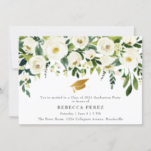 Watercolor Witte Rozen Groene Afstudeerfeest Kaart