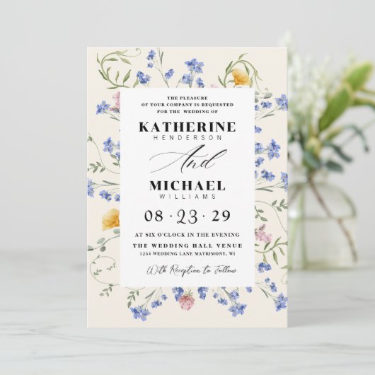 Watercolor Wldflowers Meadow Details RSVP Wedding Kaart (Staand voorkant)