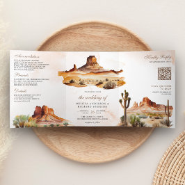 Watercolor Woestijnberg Cactus QR Code Bruiloft Drieluik Uitnodiging