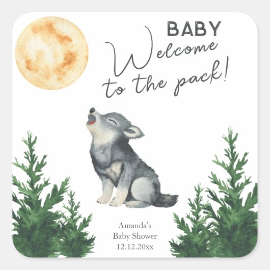 Watercolor Wolf Babyshower Vierkante Sticker (Voorkant)