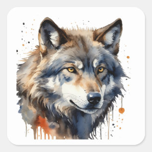 Watercolor Wolf Kop Wilde Dieren Natuur Kunst Vierkante Sticker