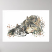 Watercolor Wolf Moeder en Welpen Dierenkunst Poster (Voorkant)