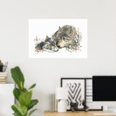Watercolor Wolf Moeder en Welpen Dierenkunst Poster (Thuiskantoor)
