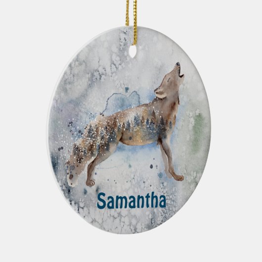 Watercolor Wolf Personalized Winter Keramisch Ornament (Rechts)