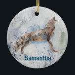 Watercolor Wolf Personalized Winter Keramisch Ornament<br><div class="desc">Dit ontwerp werd gecreeerd door digitale kunst. Het kan worden gepersonaliseerd door de aanpassingsoptie te kiezen. Neem contact met me op via colorflowcreations@gmail.com of gebruik de chatoptie boven aan de pagina als u dit ontwerp op een ander product wilt laten uitvoeren. Koop mijn oorspronkelijke abstracte acrylschilderij te koop op www.etsy.com/shop/colorflowart....</div>