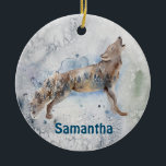 Watercolor Wolf Personalized Winter Keramisch Ornament<br><div class="desc">Dit ontwerp werd gecreeerd door digitale kunst. Het kan worden gepersonaliseerd door de aanpassingsoptie te kiezen. Neem contact met me op via colorflowcreations@gmail.com of gebruik de chatoptie boven aan de pagina als u dit ontwerp op een ander product wilt laten uitvoeren. Koop mijn oorspronkelijke abstracte acrylschilderij te koop op www.etsy.com/shop/colorflowart....</div>