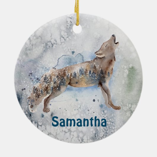 Watercolor Wolf Personalized Winter Keramisch Ornament (Achterkant)