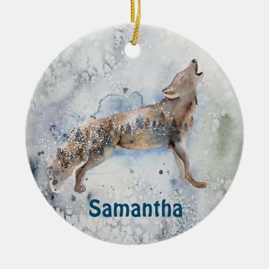 Watercolor Wolf Persoonlijke Winter Keramisch Ornament (Voorkant)