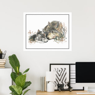 Watercolor Wolf & Welp Dieren Kunst Poster