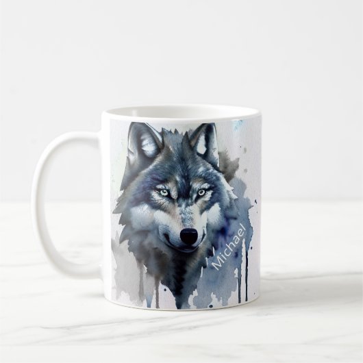 Watercolor Wolfskop Stofblauw Monogram Koffiemok (Links)