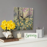 Watercolor Woodland Daffodils Blossoms  Vierkante Klok<br><div class="desc">This wall clock features soft digital watercolor daffodils blooming across a sunlit spring meadow. The  warm yellows,  and airy greens create a fresh,  uplifting look perfect for spring season decorated breakfast nook. The clock's artwork  adds a touch of seasonal charm</div>