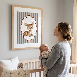 Watercolor Woodland Fawn Striped Nursery Wall Art Poster