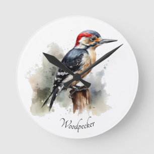 Watercolor Woodland Specht, op maat Ronde Klok