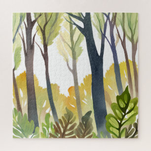 Watercolor Woods Groene natuur bos schilderij Legpuzzel