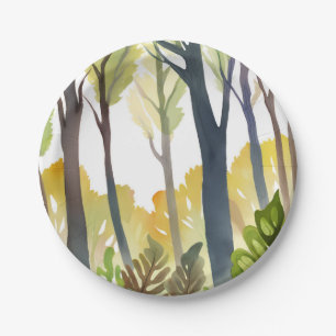 Watercolor Woods Schilderij van groen natuur bos Papieren Bordje