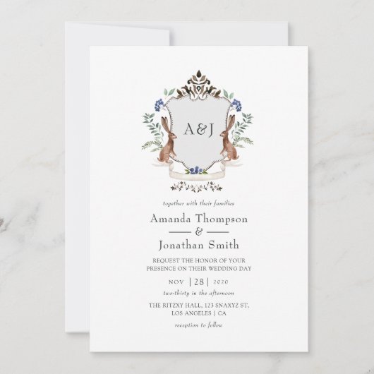 Watercolor Woud Laurus Crest Monogram Huwelijk Kaart (Voorkant)