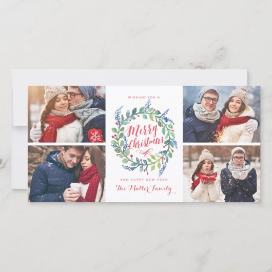 Watercolor Wreath Collectie 4 Foto Vakantie Feestdagenkaart (Voorkant)