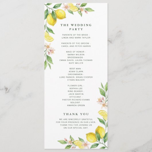 Watercolor Wreath Mediterranean Citrus Wedding Programmakaart (Achterkant)