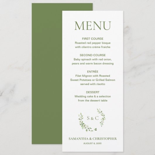 Watercolor Wreath Monogram Aangepast huwelijk Menu (Voorkant / Achterkant)