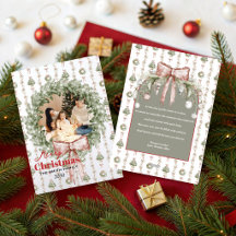 Watercolor Wreath Pink Bow Photo Christmas Card